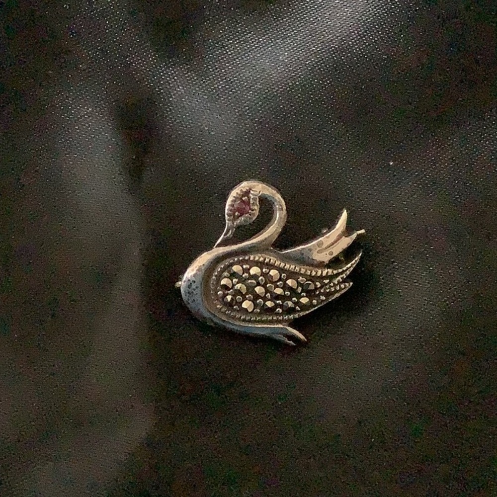 Vintage sterling silver & marcasite swan pin.  Red stone for the eye.